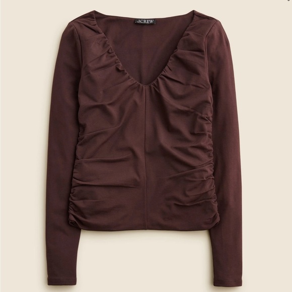 J Crew Stretch cotton blend ruched V neck top Cocoa Berry brown stretch Sz M - Picture 1 of 13
